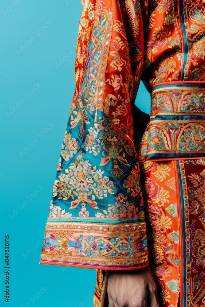 Naklejka premium A vibrant, traditional garment with intricate patterns, showcasing rich cultural heritage against a turquoise background. Close-up shot.