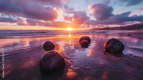 A stunning sunset over the Moeraki Boulders on Koekohe Beach, New Zealand 8k photo