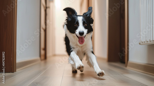 Collie running through a hallway, showcasing the excitement and energy of daily indoor activities