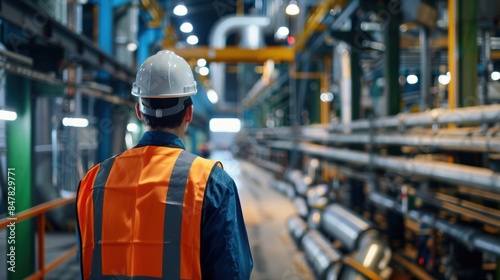 Worker in a helmet and safety vest, supervising operations in a large industrial facility