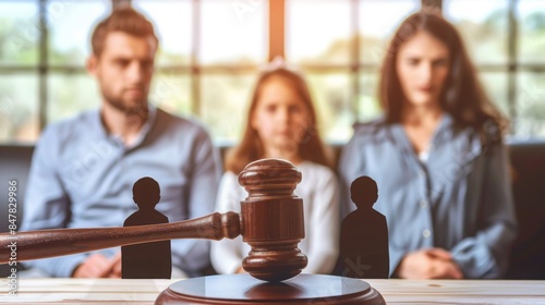 Close up of a legal judges hammer with a blurred child in the background. Child custody concept
