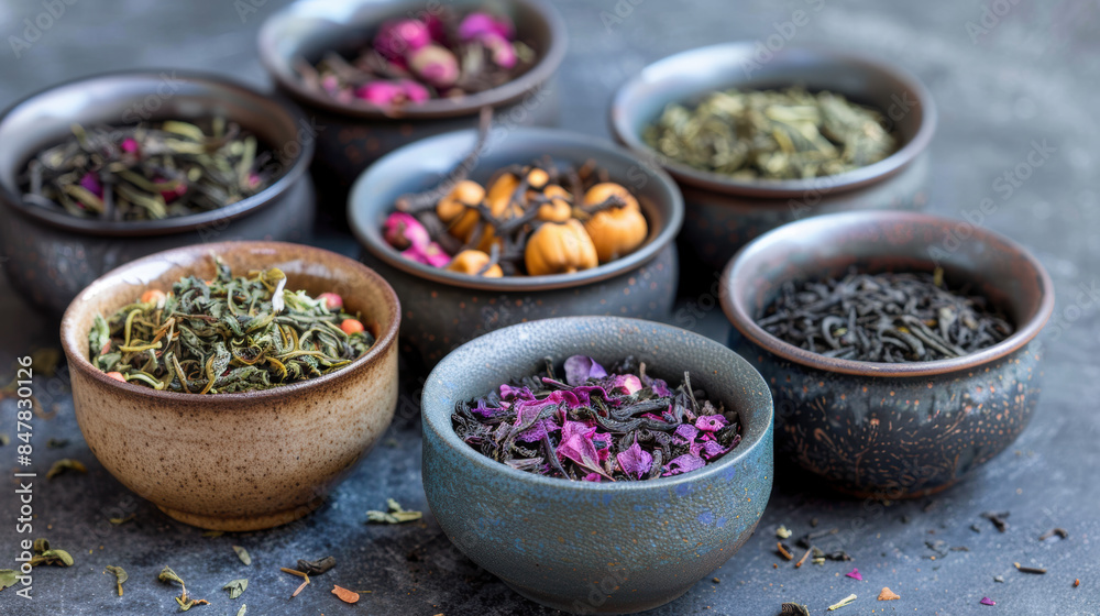 An artistic close-up of various loose leaf teas in ceramic bowls An artistic close-up of various loose leaf teas in ceramic bowls
