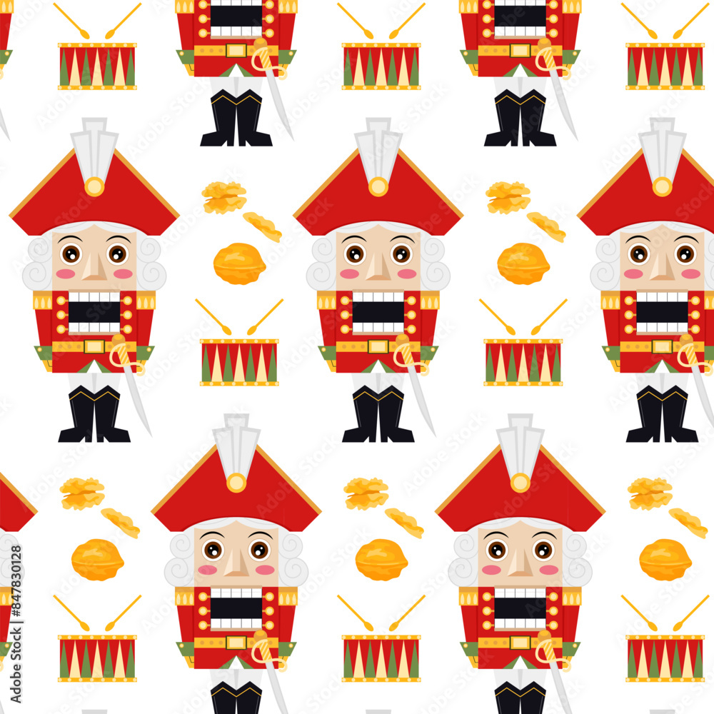Pattern with a fairy-tale character. Nutcracker in flat style. Christmas pattern, background. Pattern for textile, wrapping paper, background. Pattern with a fairy-tale character. Nutcracker in flat style. Christmas pattern, background. Pattern for textile, wrapping paper, background.
