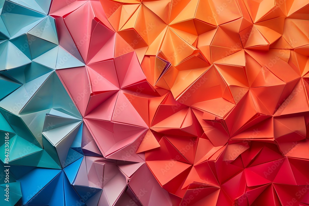 Vibrant geometric abstract background with a colorful mix of folded paper shapes in blue, pink, and orange hues. Vibrant geometric abstract background with a colorful mix of folded paper shapes in blue, pink, and orange hues.