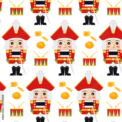 Pattern with a fairy-tale character. Nutcracker in flat style. Christmas pattern, background. Pattern for textile, wrapping paper, background.	