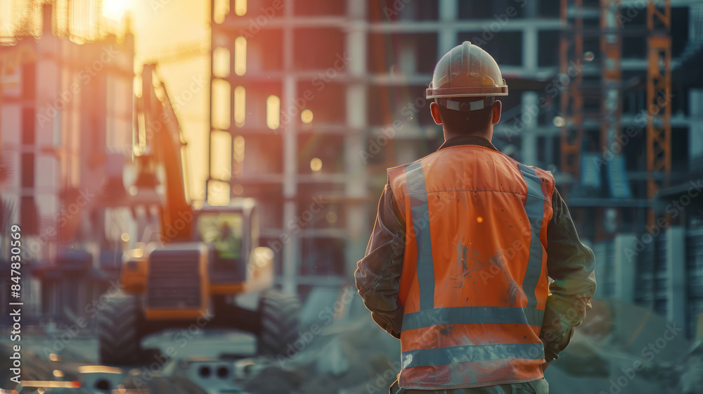 Construction worker observing building site with excavator at sunset Construction worker observing building site with excavator at sunset