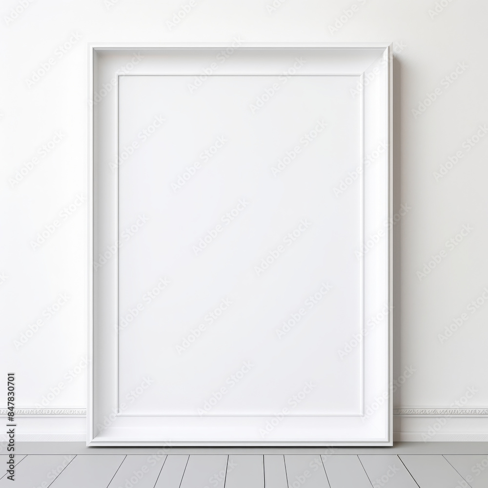 Minimalist picture frame leaning against a wall on a light-colored wooden floor ready for customization Minimalist picture frame leaning against a wall on a light-colored wooden floor ready for customization