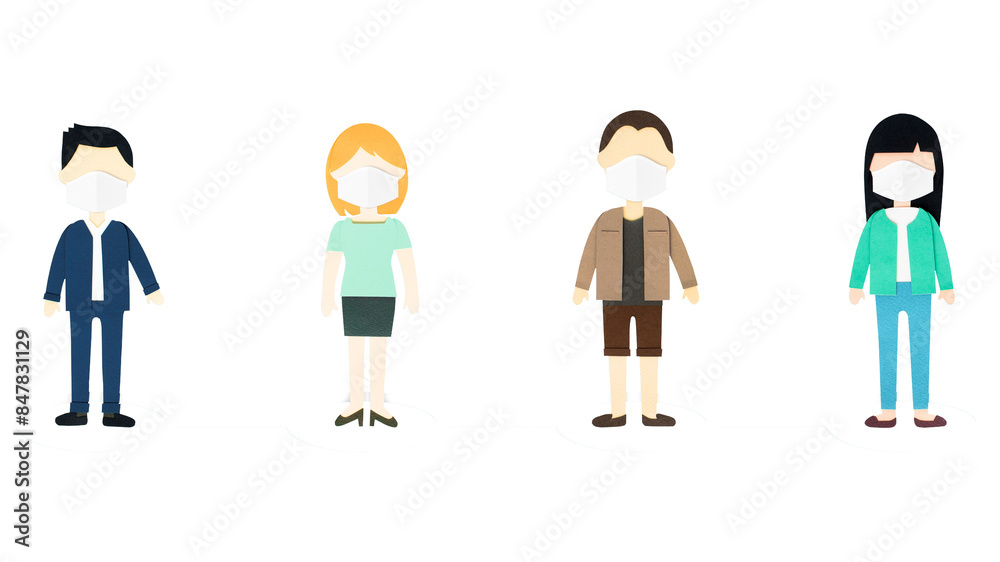 Paper craft people wearing face masks in public design element Paper craft people wearing face masks in public design element