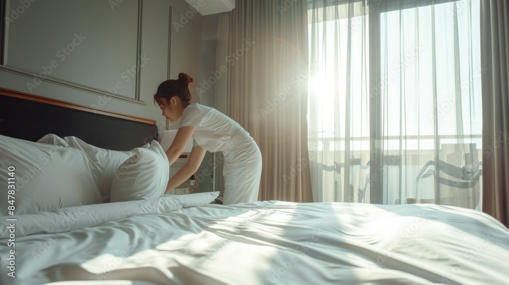 Young maid making bed in light hotel room during the day