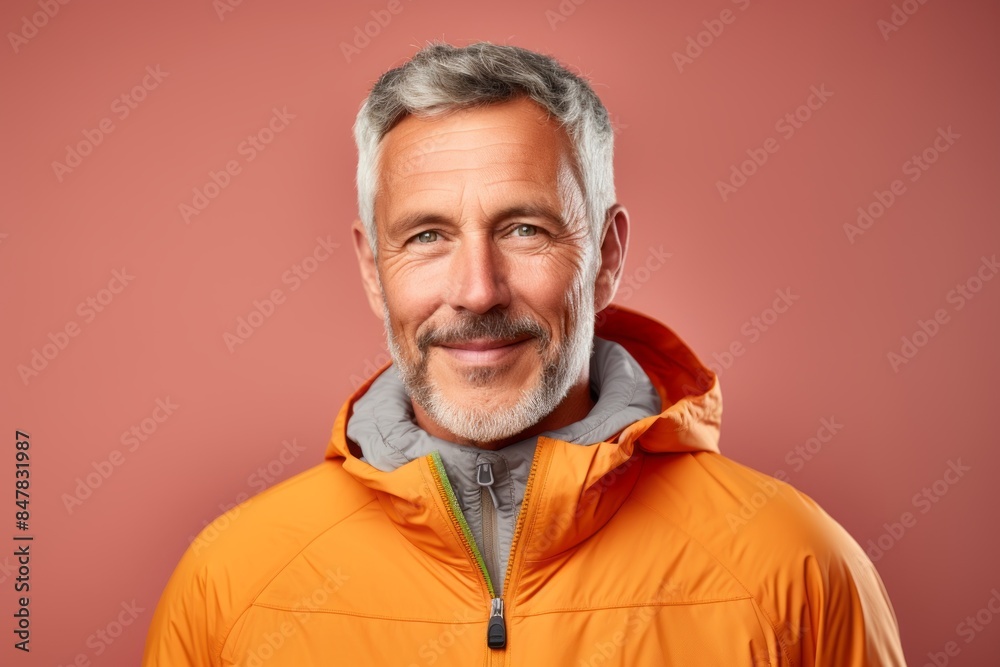 Portrait of a glad man in his 50s wearing a windproof softshell while standing against pastel or soft colors background Portrait of a glad man in his 50s wearing a windproof softshell while standing against pastel or soft colors background
