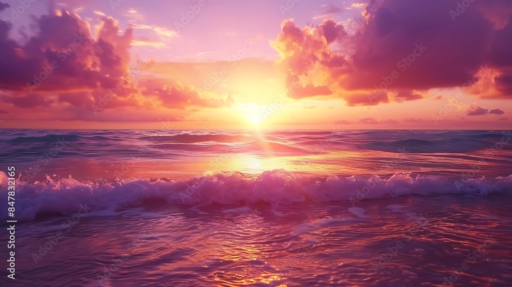 a stunning sunset over a vast ocean, with a vibrant orange sky and fluffy white clouds, and a gentle white wave breaking on the shore a stunning sunset over a vast ocean, with a vibrant orange sky and fluffy white clouds, and a gentle white wave breaking on the shore