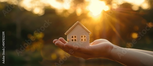 Close-up of a hand with a small house model, warm light and nature background