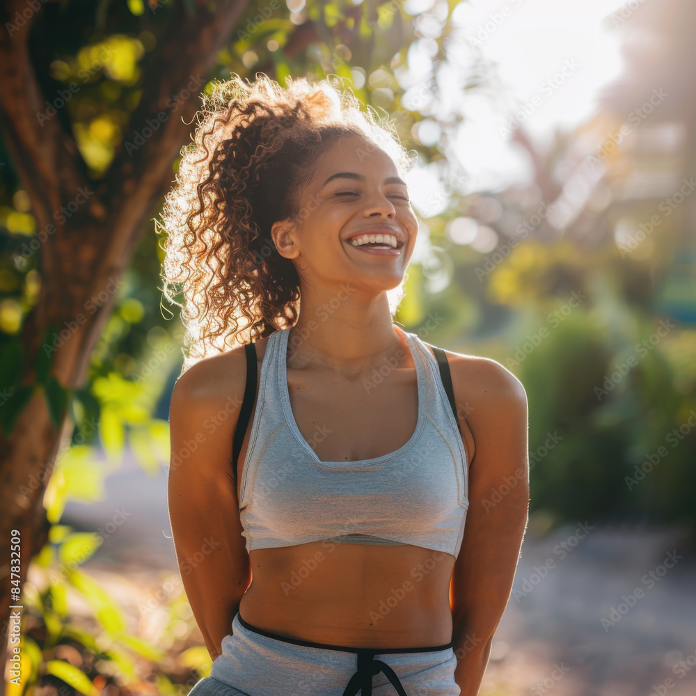 A_cheerful_woman_stretching_after_work_under_sunshine A_cheerful_woman_stretching_after_work_under_sunshine