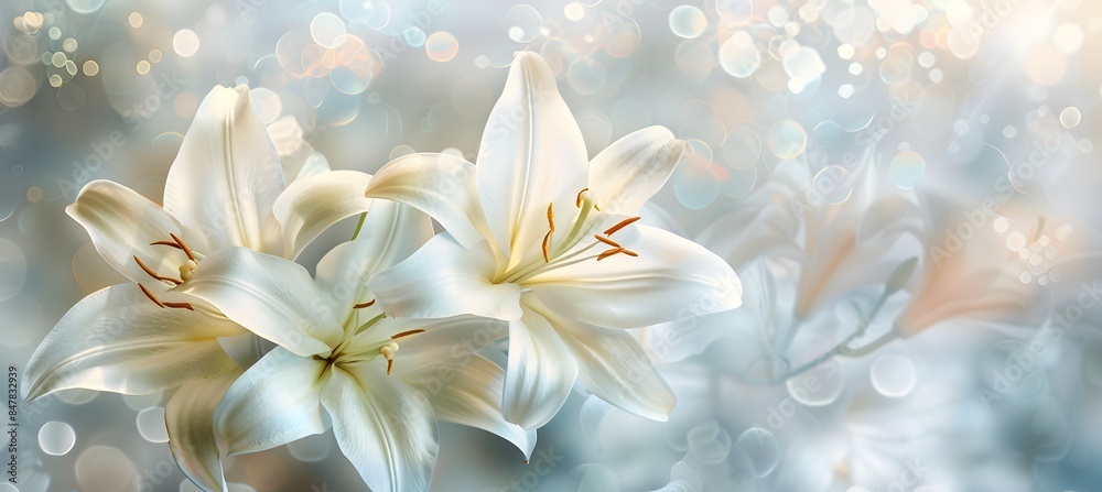 White lily flowers on a blurred background. Banner with space for your text. White lily flowers on a blurred background. Banner with space for your text.