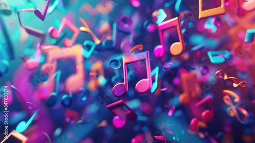 Abstract 3D rendering of musical notes floating, vibrant background, dynamic sound concept