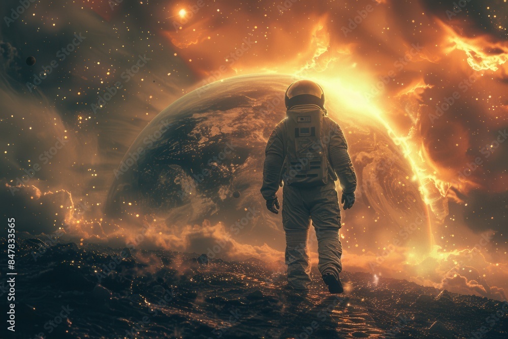 A man in a spacesuit is walking on a planet with a large orange sun in the backg A man in a spacesuit is walking on a planet with a large orange sun in the backg