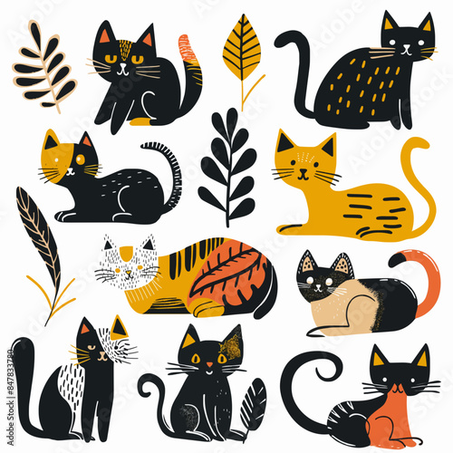 Hand drawn abstract cats, kitten, flat icons set. Color isolated illustrations