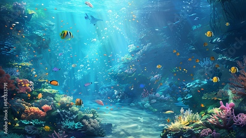 Vibrant Underwater Coral Reef with Diverse Fish Species in Pristine Waters