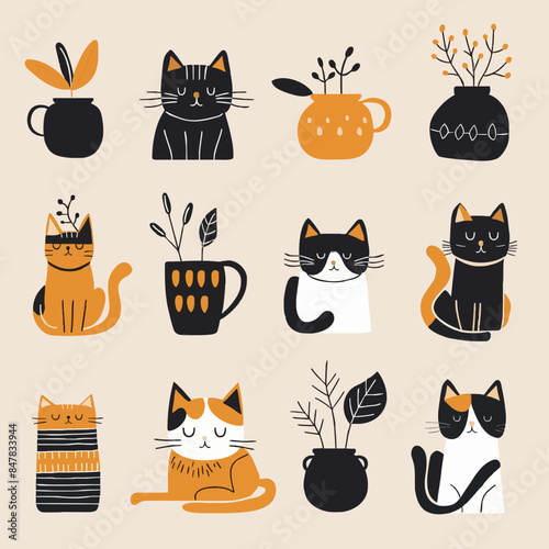 Hand drawn abstract cats, kitten, flat icons set. Color isolated illustrations