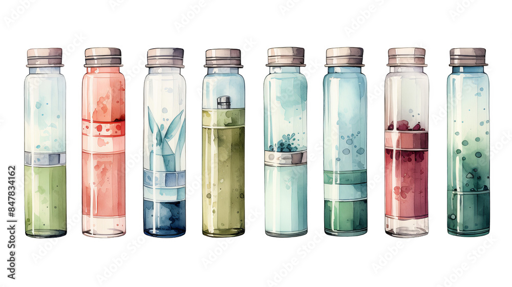 Colorful, aesthetically arranged glass bottles filled with various liquids, ideal for use in design, decoration, and creative projects. Isolated on transparent background.