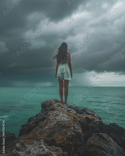 Woman Standing on Rocky Outcrop by Turquoise Sea Under Dramatic Stormy Skies, Embracing the Power of Nature and Solitude, Reflecting on Life and the Ocean s Majesty