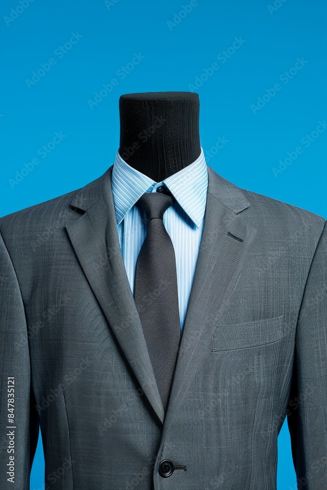 Close-up of a business suit on a mannequin against a blue background, highlighting the tailored jacket, shirt, and tie for corporate attire.