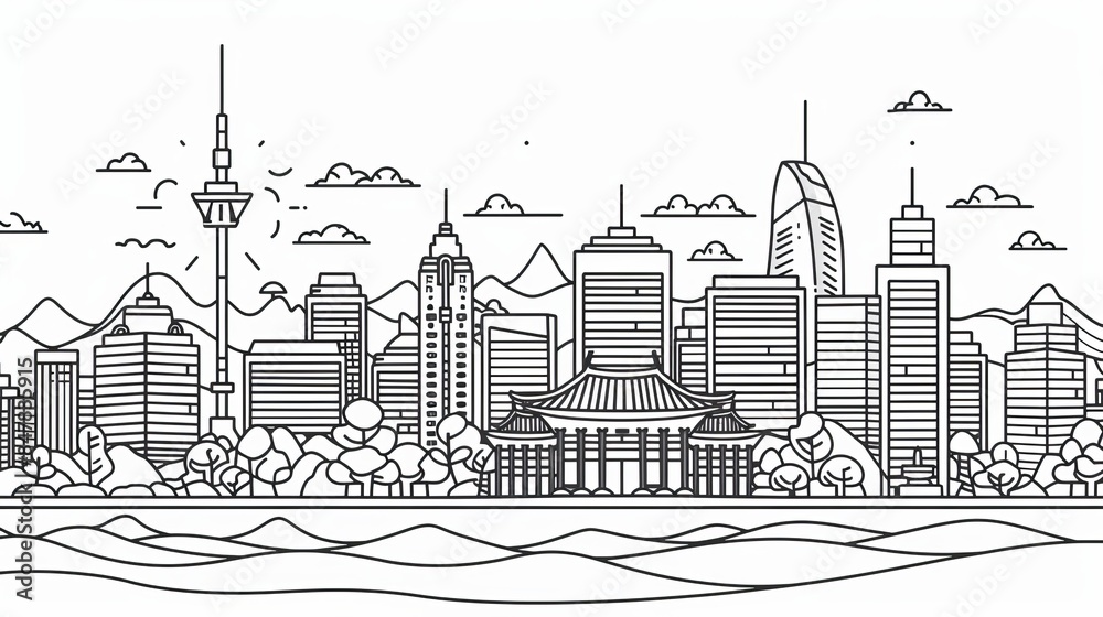 A line art vector illustration of the Seoul skyline A line art vector illustration of the Seoul skyline