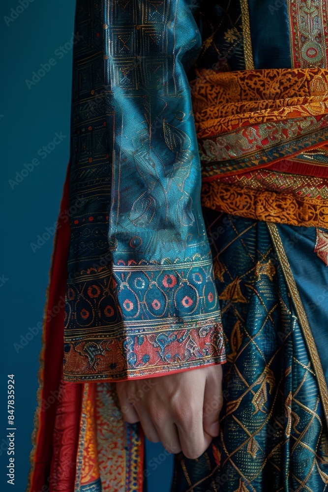 Close-up of a hand in traditional cultural clothing with intricate patterns and vibrant colors, showcasing craftsmanship and heritage. Close-up of a hand in traditional cultural clothing with intricate patterns and vibrant colors, showcasing craftsmanship and heritage.