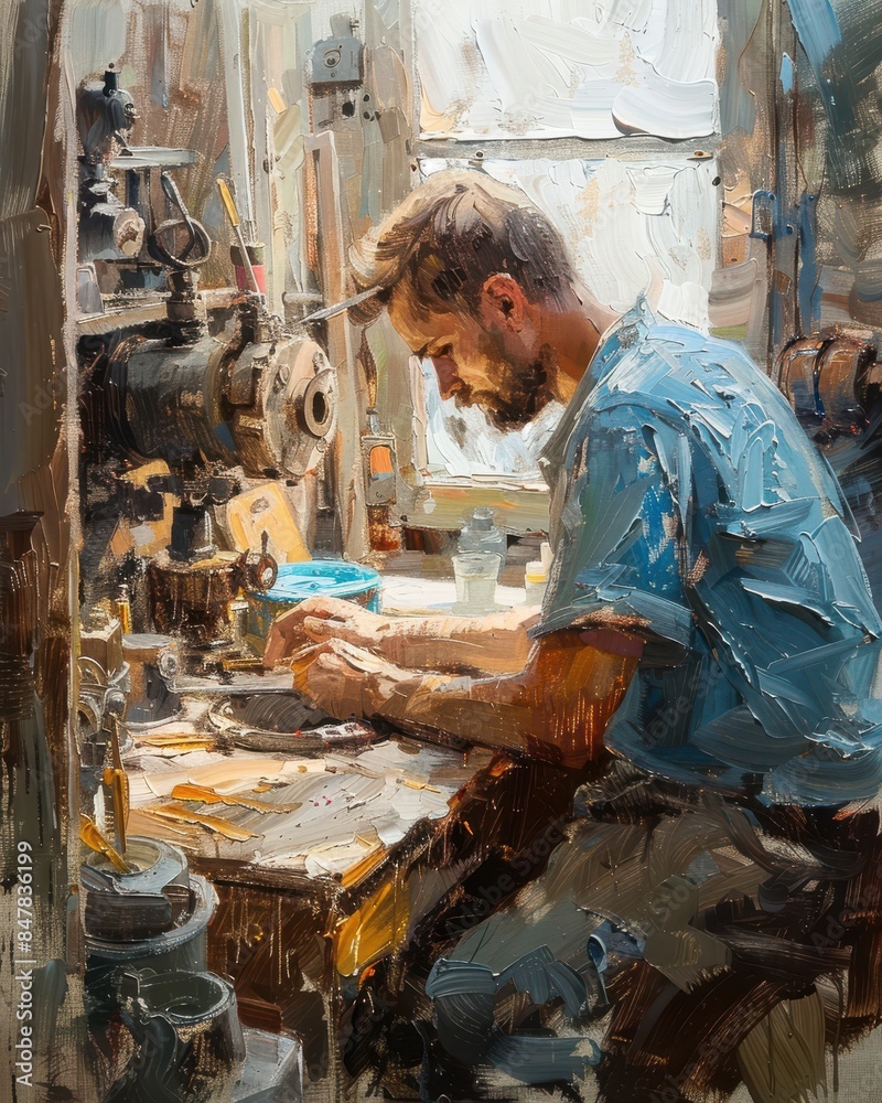 A skilled craftsman intently works on a detailed project in his workshop, surrounded by various tools and materials. A skilled craftsman intently works on a detailed project in his workshop, surrounded by various tools and materials.