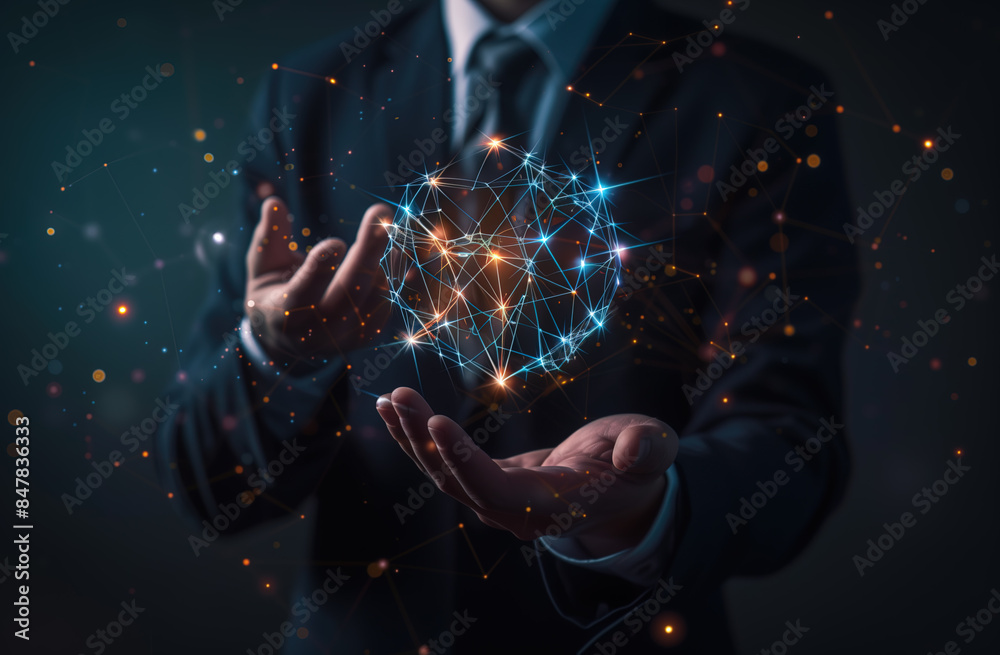 Businessman Holding Holographic Digital Network Globe Connections in His Hands with Glowing Data Lines Businessman Holding Holographic Digital Network Globe Connections in His Hands with Glowing Data Lines