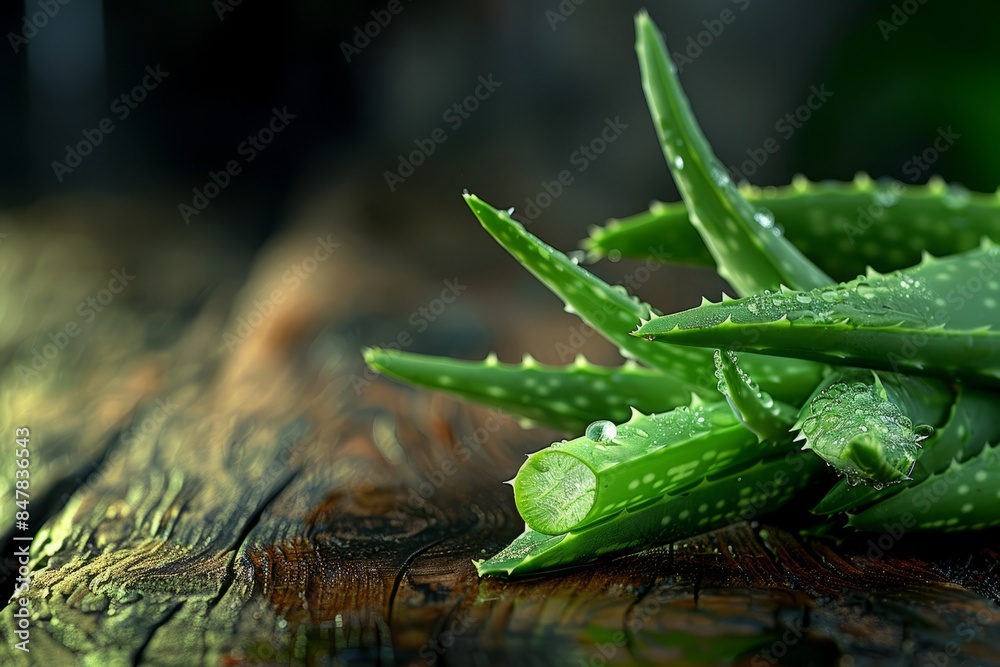 Naklejka premium Freshly cut aloe vera leaves with water droplets on a wooden surface