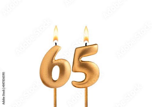 Birthday number 65 - Golden candle on white background