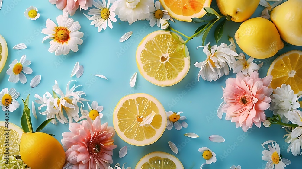 a colorful arrangement of flowers and lemons on a blue background a colorful arrangement of flowers and lemons on a blue background