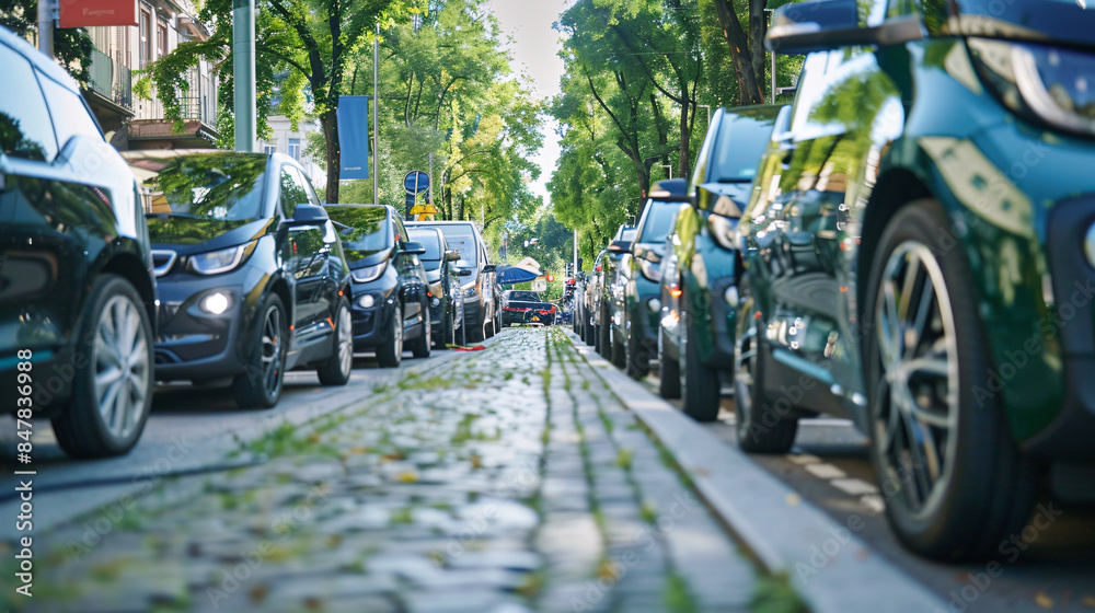 A network of bikes and electric cars showing sustainable transport solutions in urban settings