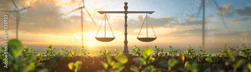 A visual metaphor of scales balancing renewable energy sources against carbon emissions