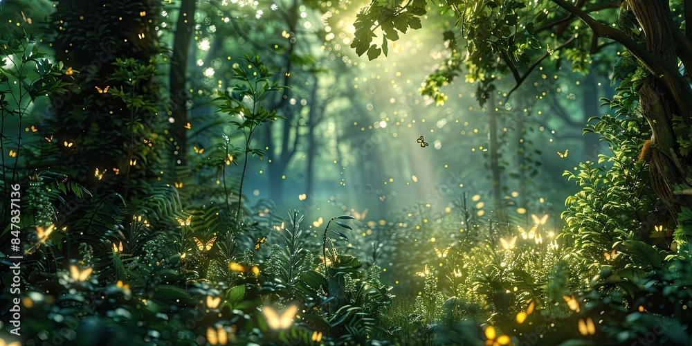 Fototapeta premium a image of a forest with a lot of fireflies flying around