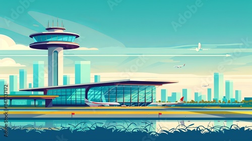 An illustration of the Changi Airport control tower, highlighting its modern architecture and importance in the aviation industry, travel, and tourism sectors photo