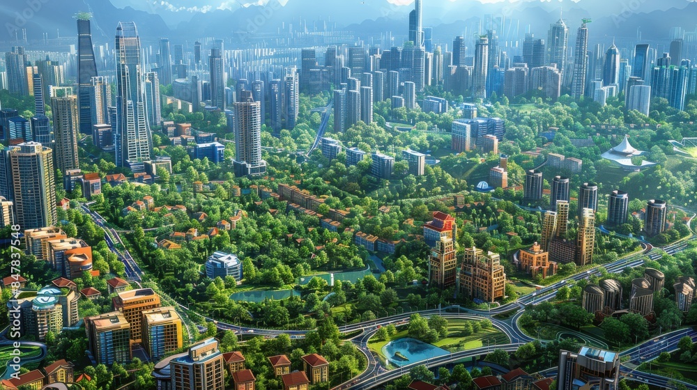 Naklejka premium A vibrant cityscape featuring a sprawling green park surrounded by modern skyscrapers under a clear blue sky and bright sunlight.