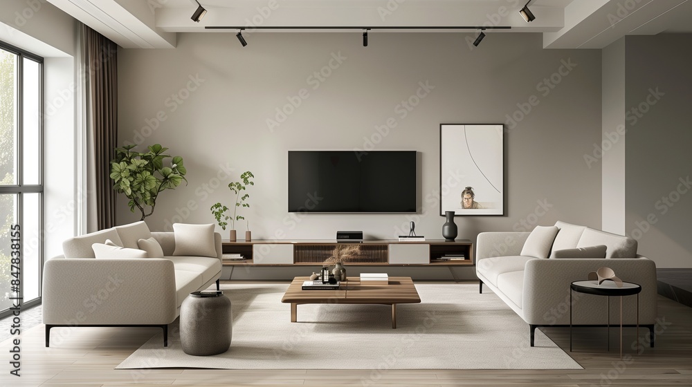 A minimalist TV lounge with a monochrome sofa set complemented by clean lines and neutral tones, creating a serene and uncluttered space for entertainment. A minimalist TV lounge with a monochrome sofa set complemented by clean lines and neutral tones, creating a serene and uncluttered space for entertainment.