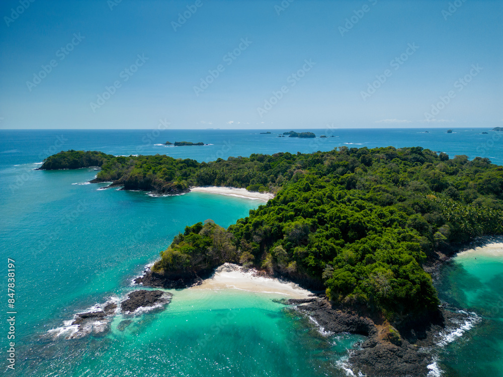 Aerial top view of Bolaños tropical island beach with white sand and emerald water, Chiriquí gulf, Chiriquí province, Panamá, Central America - stock photo Aerial top view of Bolaños tropical island beach with white sand and emerald water, Chiriquí gulf, Chiriquí province, Panamá, Central America - stock photo
