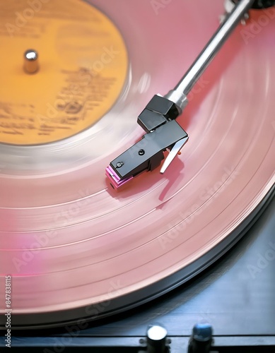 Creative retro vintage music concept photo of vinyl record player close up.