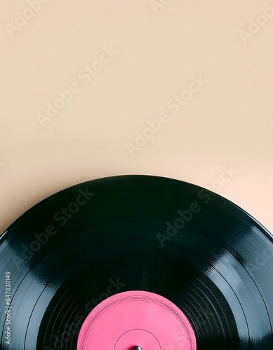 Creative retro vintage music concept photo of vinyl record player on beige background empty space.