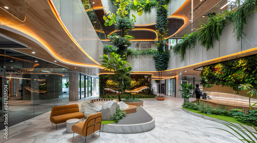 Corporate headquarters with a blend of modern architecture and natural elements, promoting a green workplace