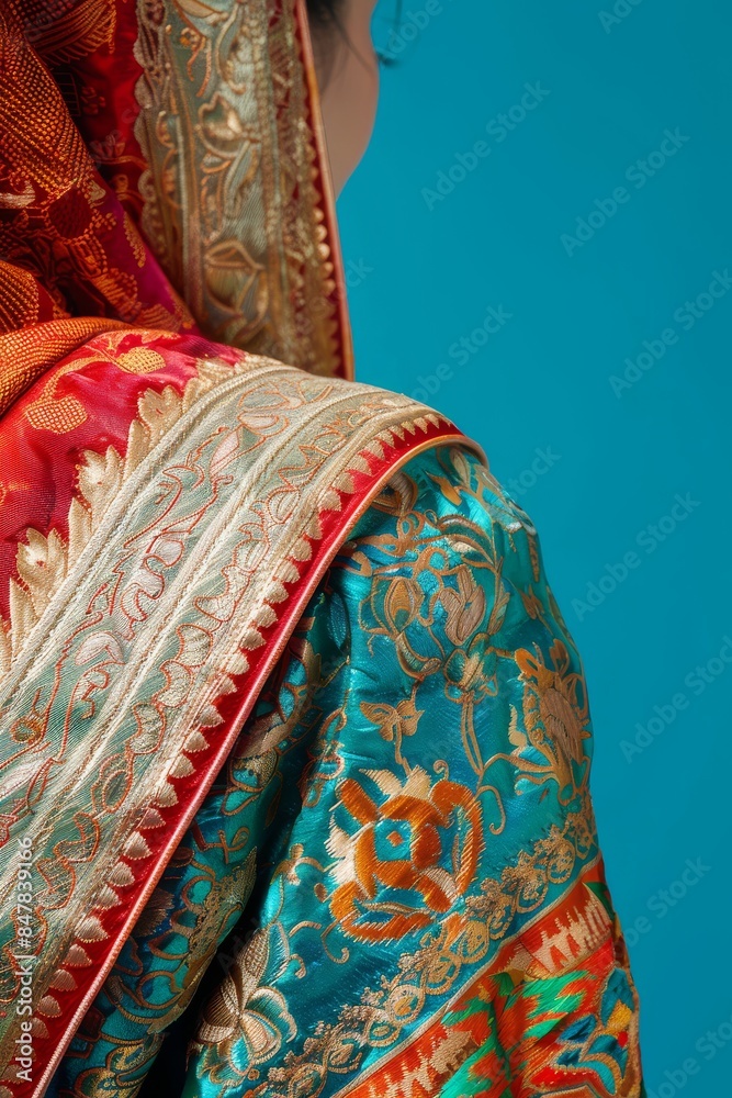 Close-up of a person wearing a vibrant, traditional embroidered saree with intricate patterns on a blue background.