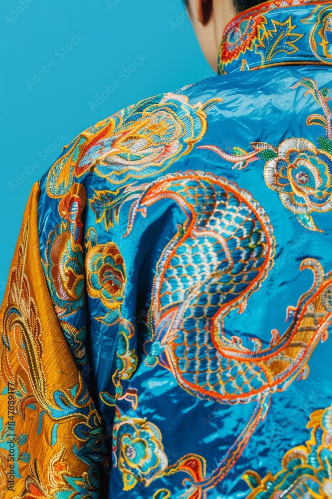Close-up of a person wearing a vibrant, colorful, embroidered jacket with a dragon design on a blue background. Close-up of a person wearing a vibrant, colorful, embroidered jacket with a dragon design on a blue background.