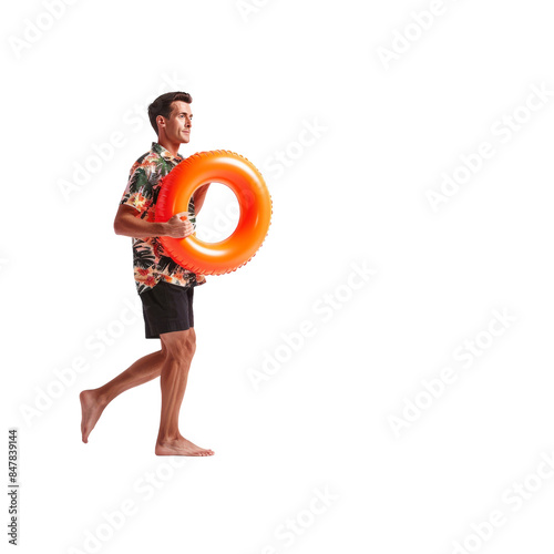 Obraz na płótnie Man in Tropical Shirt Walking With Inflatable Ring on White Background w salonie
