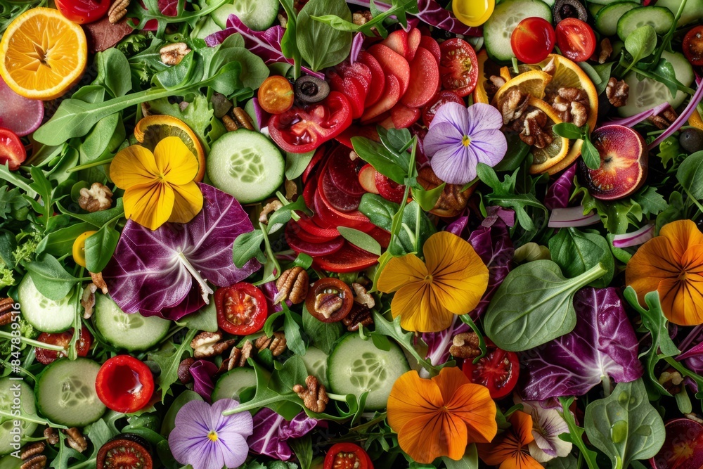 Vibrant Salad Creations: Fresh Vegetables, Fruits, Nuts & Dressings for Health-Conscious Audiences Vibrant Salad Creations: Fresh Vegetables, Fruits, Nuts & Dressings for Health-Conscious Audiences