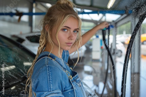 Attractive young woman with a serious expression standing beside a car wash bay with hose