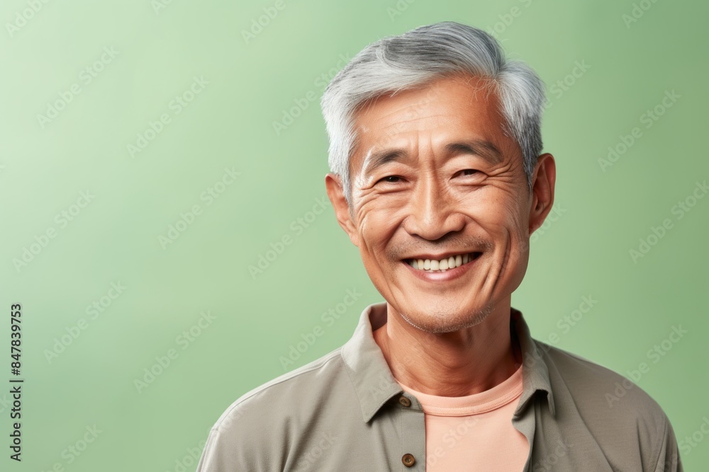 Portrait of a happy asian man in his 80s sporting a breathable hiking shirt in front of pastel or soft colors background Portrait of a happy asian man in his 80s sporting a breathable hiking shirt in front of pastel or soft colors background