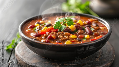 A steaming bowl of chili with toppings on a transparent background 